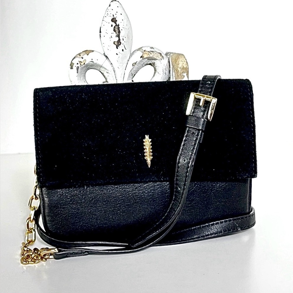 THACKER Black Leather & Suede Flap Crossbody Bag Gold Hardware Quiet Luxury